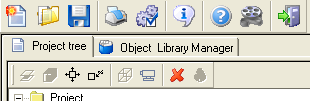 Další ovládání: nový projekt, ulož projekt, projektové možnosti, help, Exit otevřít projekt, tisk, info o programu, ukázkové video Správce knihovny objektu