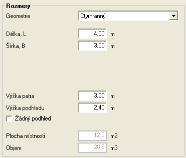 Rozměry Geometrie: Zde lze zvolit mezi: Ćtyřhranný, úhel, definovaný uživatelem a definovaný přímo z AutoCADu Výška patra Výška podhledu Žádný podhled: lze definovat i místnost bez
