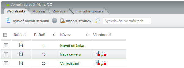 Seznam stánek Bx pr vyhledávání ve stránkách. Stručné zbrazení stránek Seznam stránek vybranéh adresáře. Tučně je zbrazen standardní dkument.