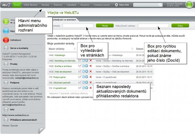 Ukázka vstupní stránky administračníh rzhraní p úspěšném přihlášení Online Nápvěda V