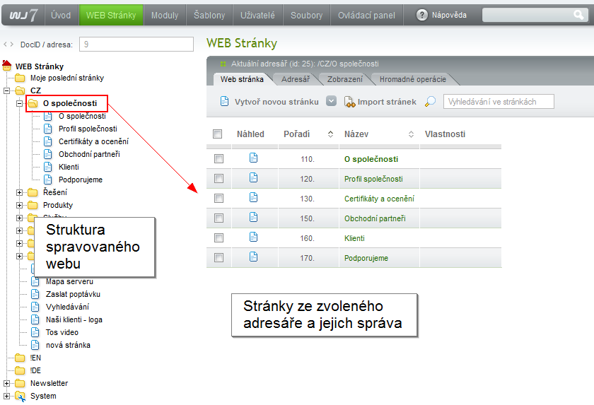 Správa webvých stránek zálžka WEB stránky Adresáře a adresářvá struktura Veškeré stránky jsu uspřádány d adresářů.