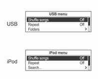 106 Úvod Přehrávání audio USB/iPod nebo vstup AUX (1) Audio CD (2) MP3/WMA CD Stisknutím multifunkčního ovladače otevřete nabídku s možnostmi pro příslušné funkce nebo nabídku pro příslušné zařízení.