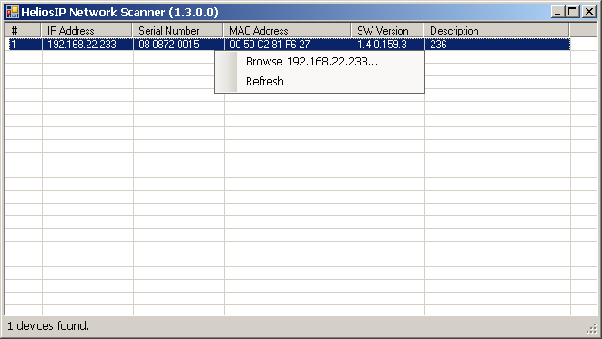 Konfigurace 3.2 Obrázek 3.4 Okno aplikace 2N Helios IP Network Scanner 5. Ze seznamu vyberte příslušný 2N SIP Speaker, který chcete konfigurovat a klikněte na něj pravým tlačítkem myši.