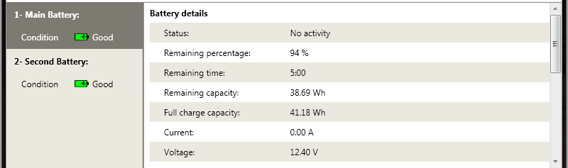 Rzšířené rzhraní Zpět v hlavní nabídce Pwer Manager na zálžce Battery: v levém rámci najdeme výčet připjených baterií (A) (technicky je mžné mít připjené maximálně dvě baterie: jednu klasicku, hlavní