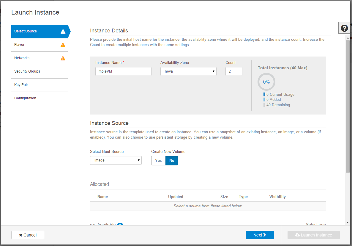 Teď už můžeme vytvořit nějaké instance VM. Jděte do záložky Compute, Instances a klikněte na tlačítko Launch Instance. V průvodci zadejte název instance a vytvoříme si rovnou dvě.