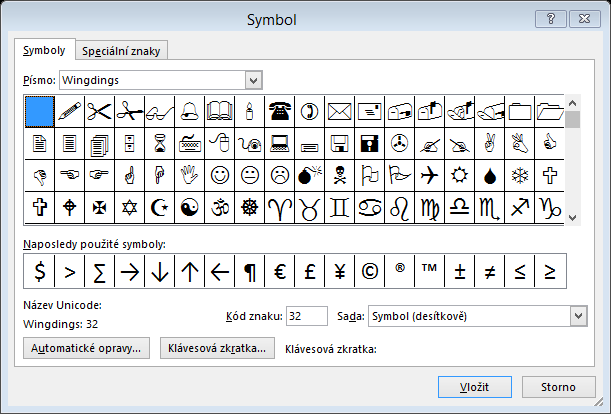 Symboly a znaky Kamkoli do dokumentu můžeme vložit některý ze symbolů, které Word nabízí a které na klávesnici nenajdeme.