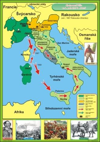 Itálie rozdělena na 10 států : sever : Rakouská monarchie jih a Sicílie : " Království obojí Sicílie " francouzš Bourboni střed : papežský stát a domácí dynase Sardinie : domácí šlechta 1.