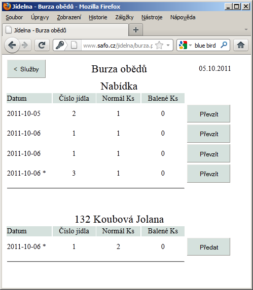 10987 Novák Josef e) Okno Burza obědů je rozděleno na dvě části NABÍDKA ( v horní části okna ) = oběd(y), který(-é) ostatní strávníci nebo Vy sám nabízíte do burzy ( tj.