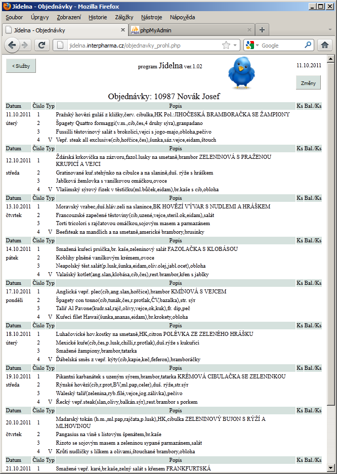 d) Na obrazovce počítače se objeví okno Jídelna