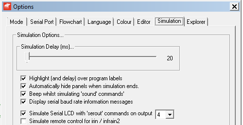 Sériový přenos displej LCD Před spuštěním následujícího programu nastavte Simulate Serial LCD.