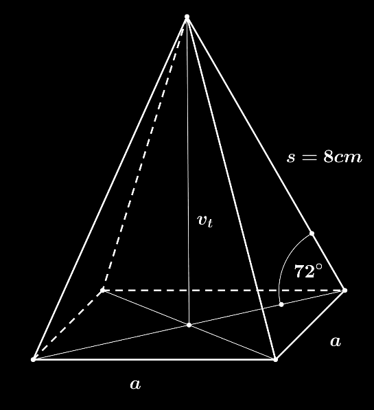6..6 Jehlan, komolý jehlan 1. Je dán kolmý pravidelný čtyřboký jehlan, a = 7 cm, s = 10 cm. Vypočítejte objem.