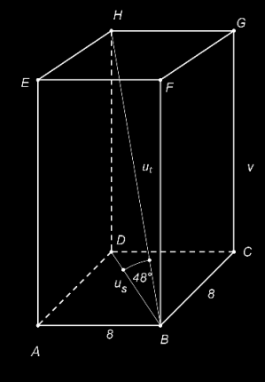 15. Vypočítejte objem pravidelného čtyřbokého hranolu o délce podstavné hrany 8 cm, jehož tělesová úhlopříčka svírá s rovinou podstavy úhel o velikosti 48.