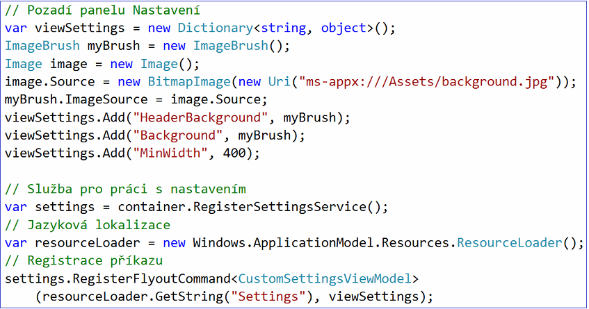 Obrázek 20: Registrace panelu nastavení Zdroj: Zdrojový kód aplikace App.xaml.cs (vlastní zpracování) 4.