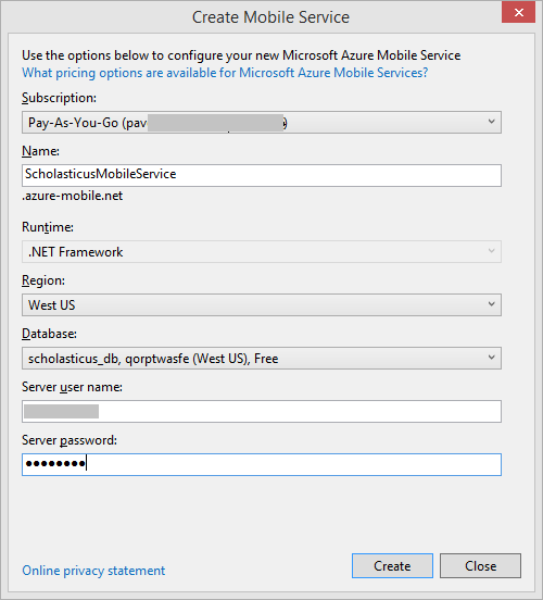 Obrázek 27: Vytvoření mobilní služby Zdroj: Visual Studio 2013 (vlastní zpracování) Přístup do nově vytvořené mobilní služby je zaručen využitím instance třídy MobileServiceCient.