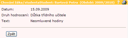 Po kliknutí na ikonu hodnocení chování.