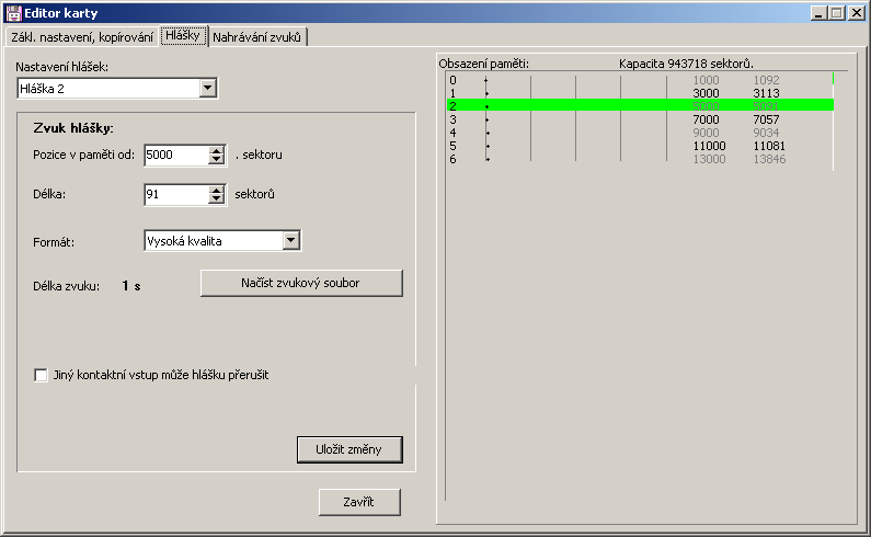 2.2. Nastavení hlášek Okno nastavení umožňuje v kartě Hlášky nastavit parametry uložených hlášek v modulu HLM-390. Obr. 4: Karta Hlášky V modulu je celkem uloženo 7 hlášek, označených čísly 0 6.