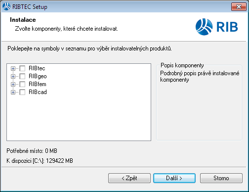 Vlastní instalace vybraných produktů RIBTEC strana 8 Instalace síťového klienta V nabídnutém seznamu instalovatelných produktů RIBTEC vyberte produkty k instalaci zatržením políčka vlevo od názvu