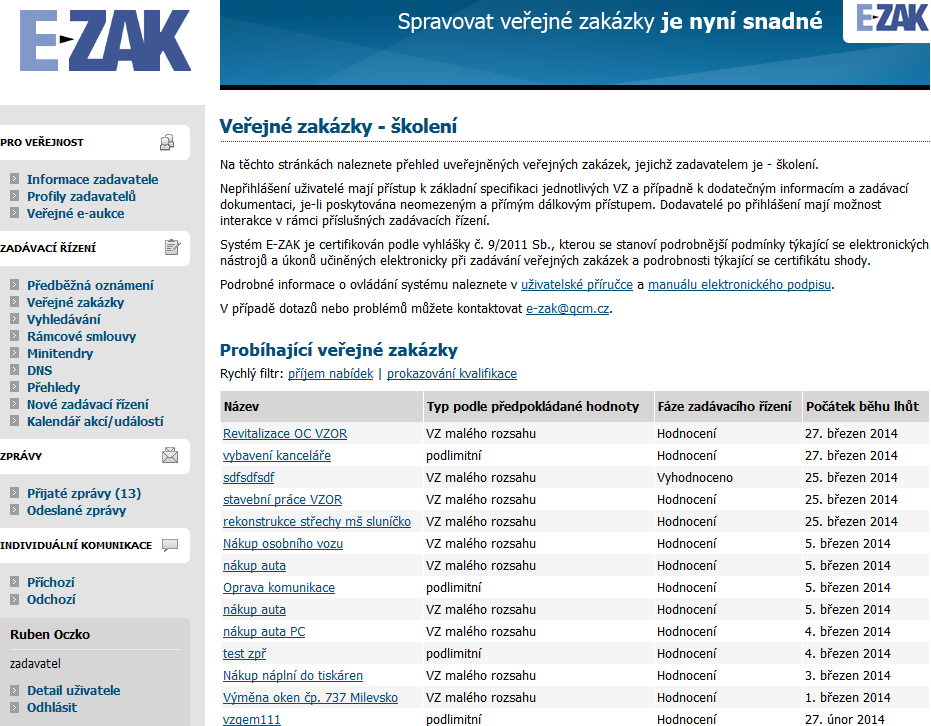 Po přihlášení do systému jako zadavatel či administrátor VZ uvidíte obrazovku podobnou obrázku 36.