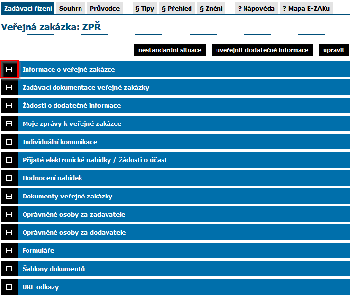 Obrázek 39: Sekce detailu veřejné zakázky Kliknutím na ikonu černého plus na levé straně jednotlivých bloků je střídavě rozevřete a opět zavřete.