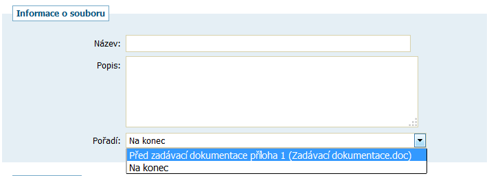 Obrázek 52: Stránka pro přidání souboru (zde se zadávací resp. kvalifikační dokumentací) Opravit název nebo popis již připojených souborů lze pomocí ikony tužky ( upravit ) u příslušného souboru.