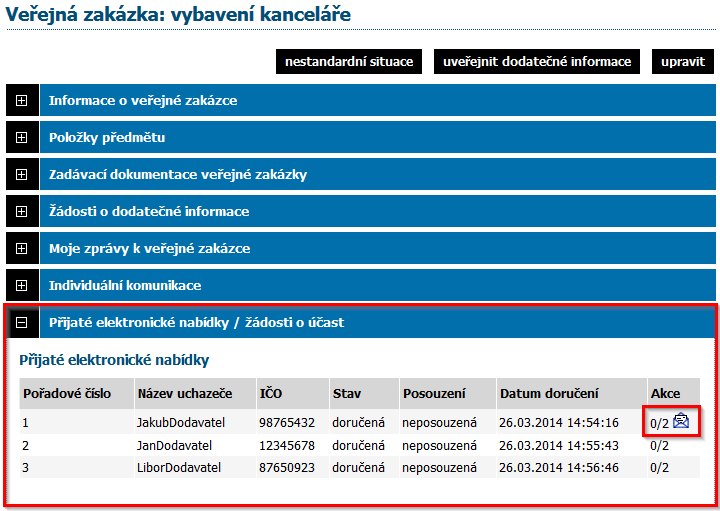 sloupci Akce se zobrazí ikona pro udělení souhlasu s otevřením nabídky, vizte obrázek 77.