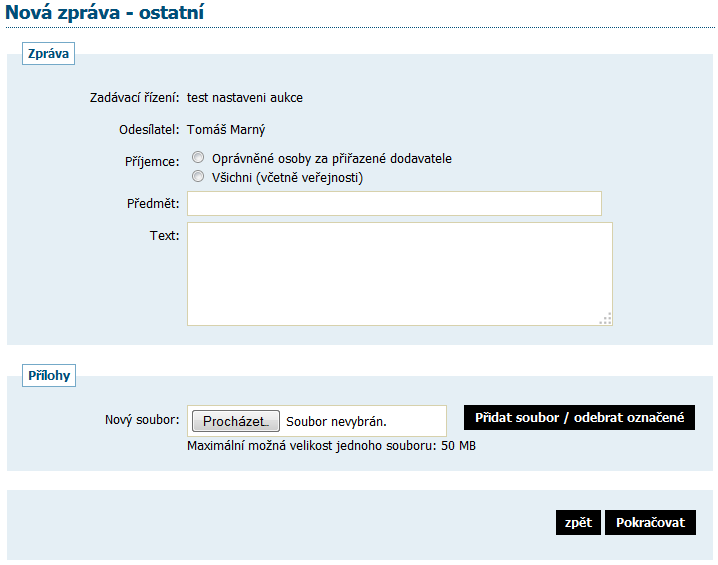 Po kliknutí na tlačítko poslat zprávu se otevře stránka s formulářem pro vytvoření jiné zprávy (druh zprávy ostatní), vizte obrázek 101.