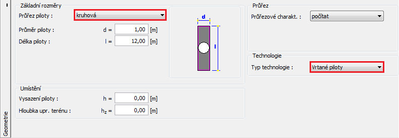 V rámu Geometrie zadáme kruhový průřez piloty a dále určíme její základní rozměry, tj. průměr a délku. Následně definujeme typ technologie provedení piloty. Rám Geometrie Rám HPV + podloží přeskočíme.