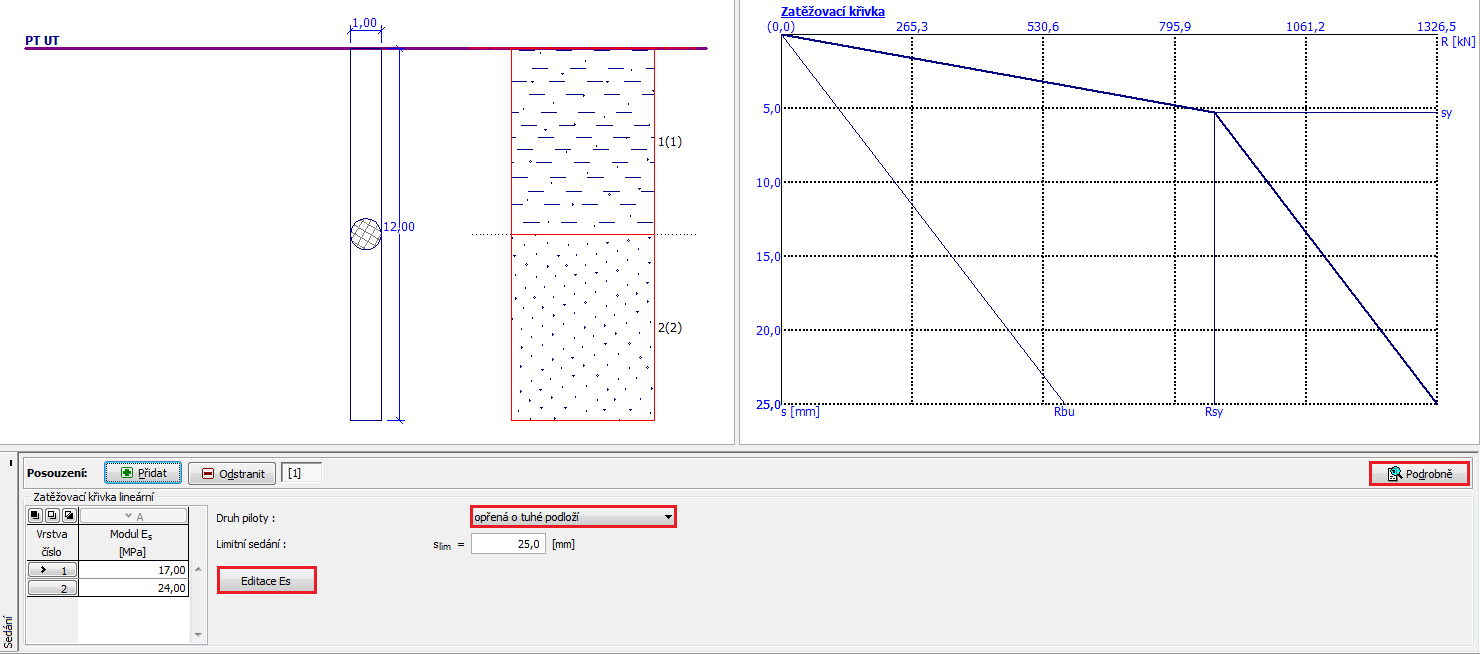 Rám Sedání Lineární zatěžovací křivka (řešení podle Poulose) Dále zadáme limitní sedání je to maximální hodnota sedání, pro kterou je zatěžovací křivka počítána.