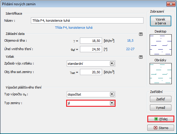 V dalším kroku definujeme parametry zemin pro výpočet a přiřadíme je do profilu. Pro posouzení podle EN 1997-2 nejprve musíme definovat typ zeminy, tj. zda se jedná o jílovitou nebo písčitou, resp.