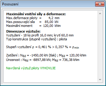 V tomto rámu rovněž provedeme dimenzování výztuže piloty. Navrhneme podélnou nosnou výztuž 18 ks Ø 16 mm a minimální krytí 60 mm podle stupně vlivu prostředí XC1.