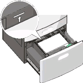4 Vložte do zásobníku papír potiskovanou stranou nahoru. Poznámka: Ujistěte se, že je papír pod linkou maximálního plnění na okraji zásobníku papíru.