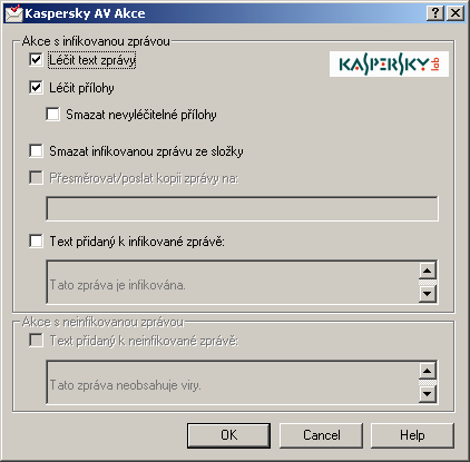 KASPERSKY AV MAIL CHECKER Parametry oznámení o infikovaných zprávách jsou umístěny na stejné záložce (více viz. bod. 11.4.2).