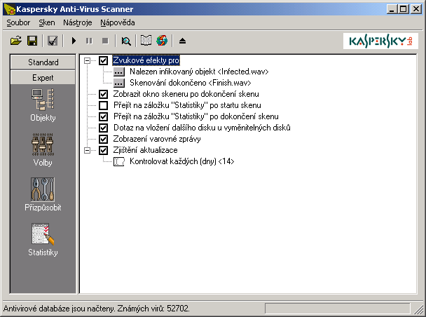 KASPERSKY AV SCANNER 3.4.3. Dodatečné volby. Kategorie Přizpůsobit Kategorie Přizpůsobit (Obr. 22) obsahuje dodatečné volby pro fungování programu. Obrázek 22.