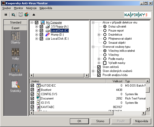 KASPERSKY AV MONITOR Obrázek 28. Hlavní okno Kaspersky AV Monitor 4.3.3. Menu V horní části hlavního okna Monitoru vidíte lištu s roletovými menu.