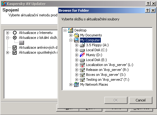 KASPERSKY AV UPDATER Obrázek 45. Aktualizovat z lokální složky Když kliknete na tlačítko (viz Obrázek. 45), otevře se okno, ve kterém může vybrat složku pro aktualizaci (viz Obrázek 46)