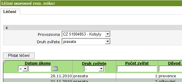 2) Záložka Léčení. Pomocí zadání kriterií ve filtrovacím řádku mohu tisk evidence omezit jen na určitý časový interval nebo jen pro vybraná zvířata, léky apod. Evidenci léčení vytisknu zde. Pozn.