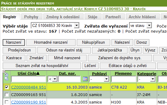 2.2. Přidání nového úkonu (léčení) pro individuálně Na následující obrazovce je popsán způsob, jak založit léčení ve stájovém registru pro konkrétní zvíře (skot): 1.