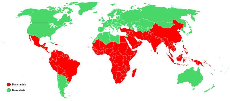 MAPA ROZŠÍŘENÍ MALÁRIE V ROCE 2003 obr. 8 Vypiš 3 státy s výskytem malárie v Africe, Asii i Americe: a) Afrika např.