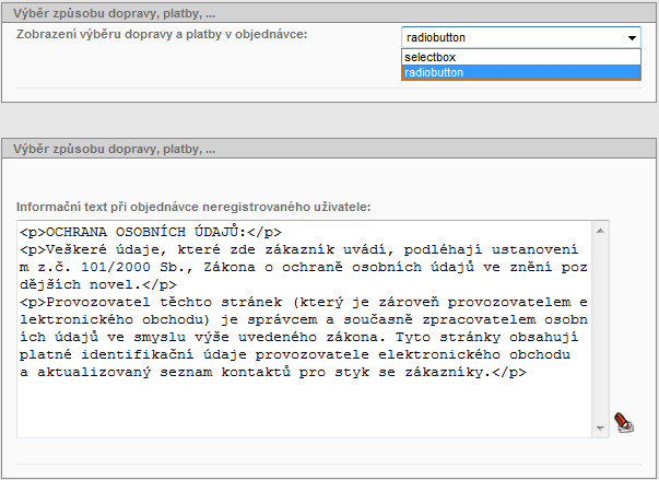 54 / 207 Dále zde můţete vyuţitím HTML editoru editovat informační text při objednávce neregistrovaného uţivatele. HTML editor zobrazíte stisknutím na tlačítko červené tuţky.