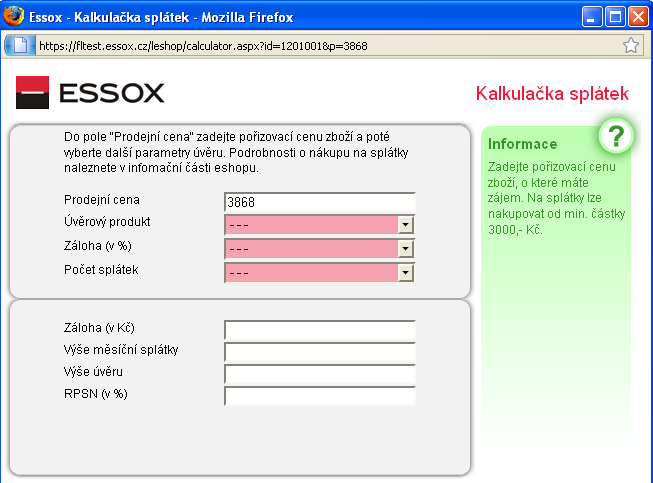 Při potvrzení objednávky a zvolením platební metody Essox se zobrazí