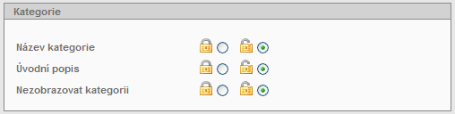 95 / 207 KATEGORIE U kategorií lze zamykat tři datová pole: Název kategorie, Úvodní popis kategorie a příznak Nezobrazovat kategorii.