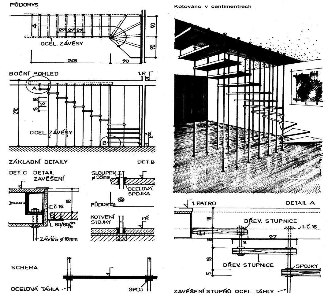 12.2.2. ZAVĚŠENÉ SCHODIŠTĚ VARIANTA II. Dřevěné stupnice jsou oboustranně zavěšeny na ocelových táhlech., Přímé stupně jsou zavěšeny vždy ve čtyřech bodech a kosé stupně ve třech bodech.