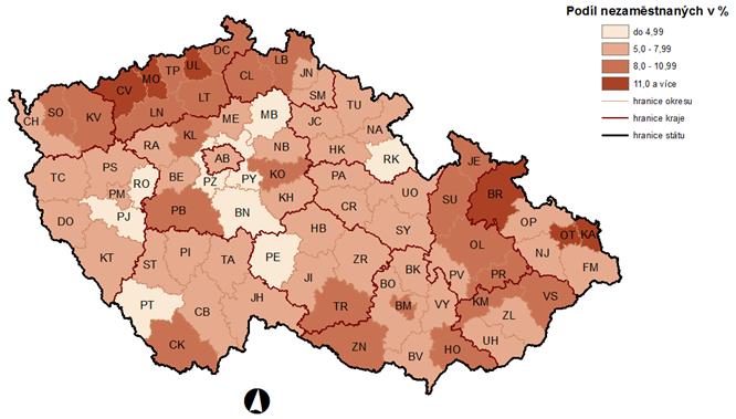 Mapa č. 4: Podíl nezaměstnaných osob na počtu obyvatel v jednotlivých okresech ČR k 30. 6.