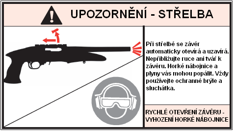k samovolnému podání náboje do komory, proveďte vyhození náboje ze zbraně, zajistěte závěr v zadní poloze záchytem závěru, vyjměte zásobník a postupujte dle oddílu Varování - závady tohoto manuálu. 7.