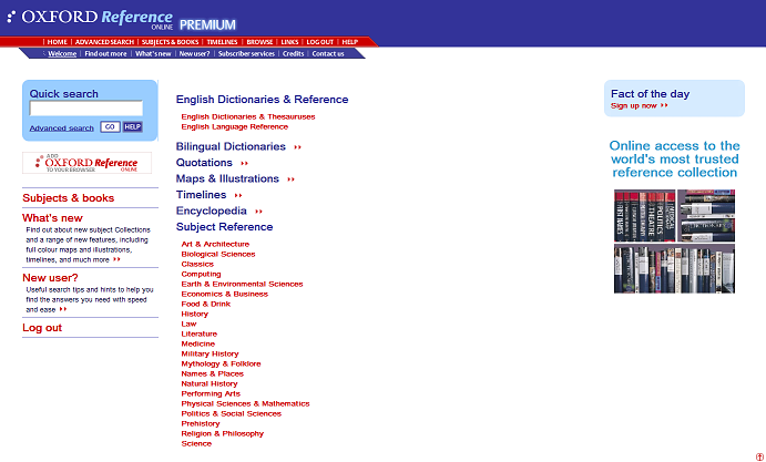 Oxford Reference Online souborná kolekce všech elektronických slovníků a encyklopedií vydaných nakladatelstvím Oxford University Press (anglické a vícejazyčné slovníky, výkladové