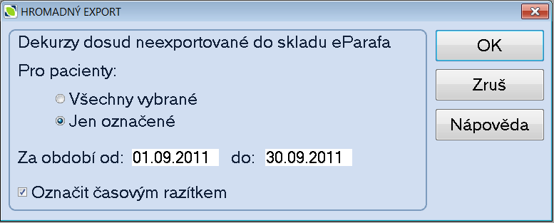 Moduly V dalším okně Hromadný export nastavte parametry hromadného podepisování. Pro pacienty Přepínačem zvolte množinu pacientů, jejichž dekurzy bude program prohledávat.