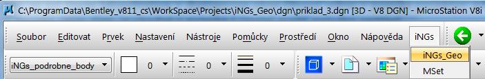 3. Spuštění Spuštění aplikace ings_geo se provede zadáním příkazu: mdl load ings_geo do příkazového řádku MicroStationu (nabídka Pomůcky > Příkazy), nebo spuštěním ings_geo.