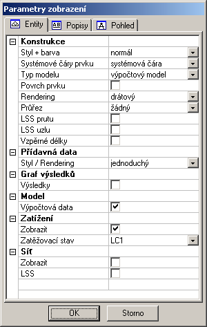 Parametry zobrazení K zjištění jména prutu, uzlu či podpory nebo k zjištění velikosti zatížení slouží Parametry zobrazení, které se dají vyvolat: 1.