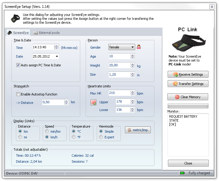 5 Analýza dat s traininglab software 5.1 Stažení a instalace Přejít na stažení prostor na www.o-synce.com a stáhněte traininglab software. Postupujte podle pokynů a nainstalujte software. 5.2 nahrát a stáhnout data Připojte screeneye x do volného USB portu na vašem počítači.