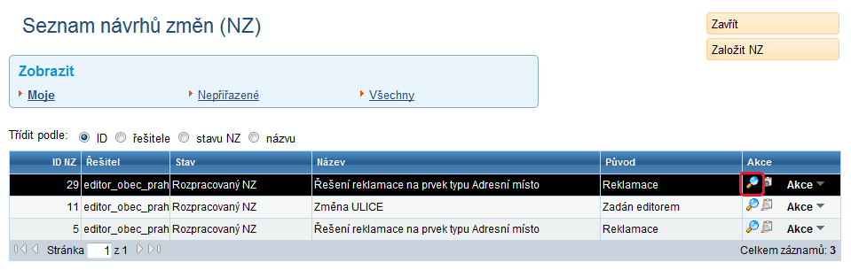 4.30.4. Upravte NZ a předejte jej ke schválení Nyní můžete návrh změny upravit. Můžete otevřít a upravit položku, odstranit ji a vložit jinou atp. 8. Klepněte na tlačítko Akce NZ.